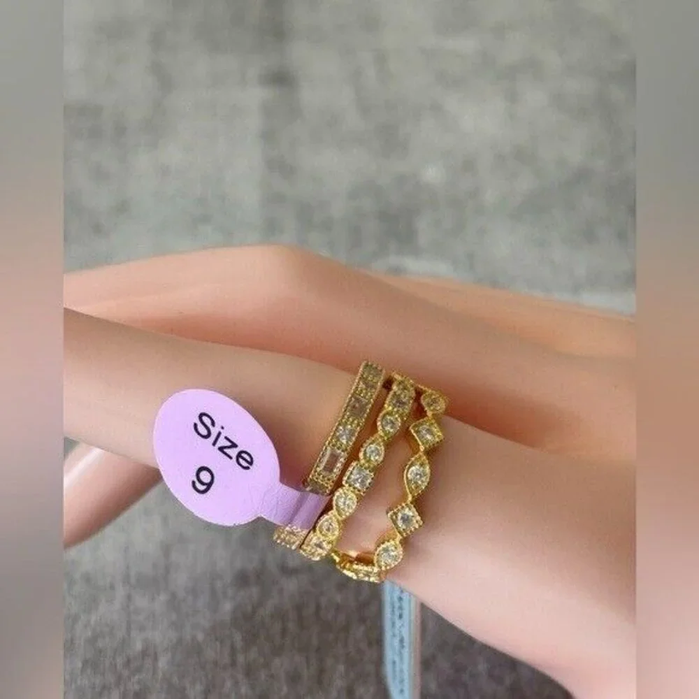 Set of 3 Rings Gold Plated 925 Sterling Silver Rings CZ Sones Sz. 9